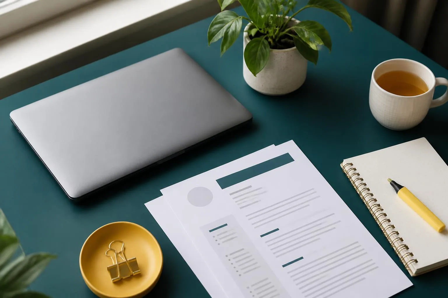 Dizüstü bilgisayar, basılı bir CV, defter ve bir fincan çay olan düzenli bir masa