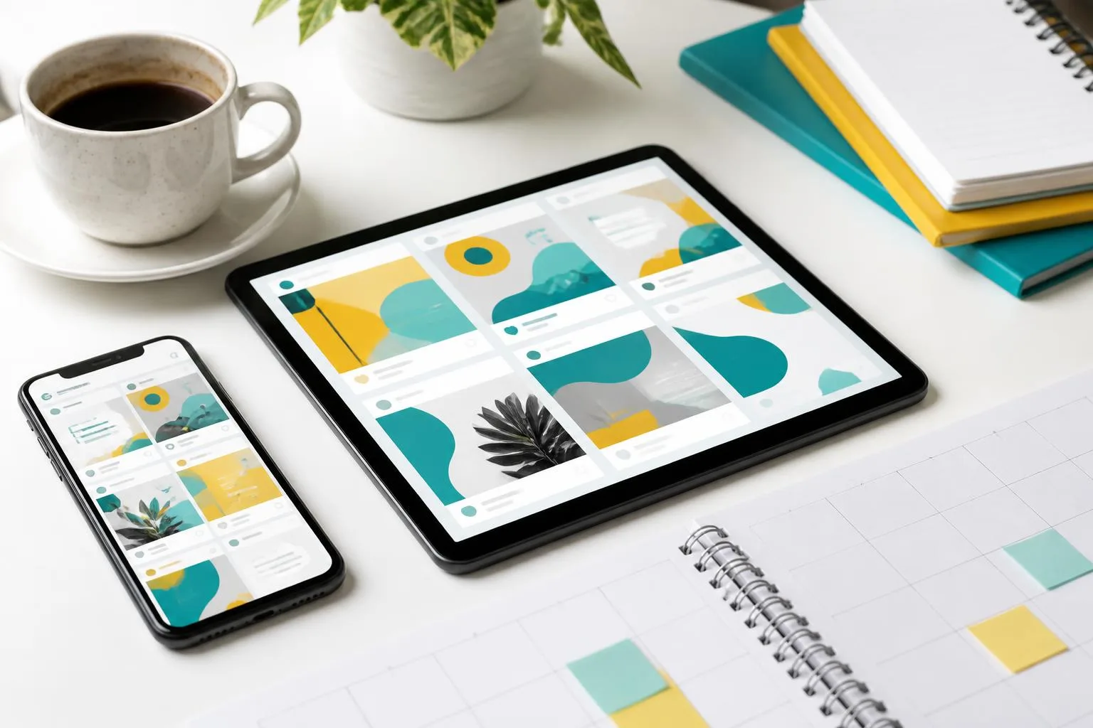 هاتف وجهاز لوحي يعرضان تصاميم منشورات وسائل التواصل