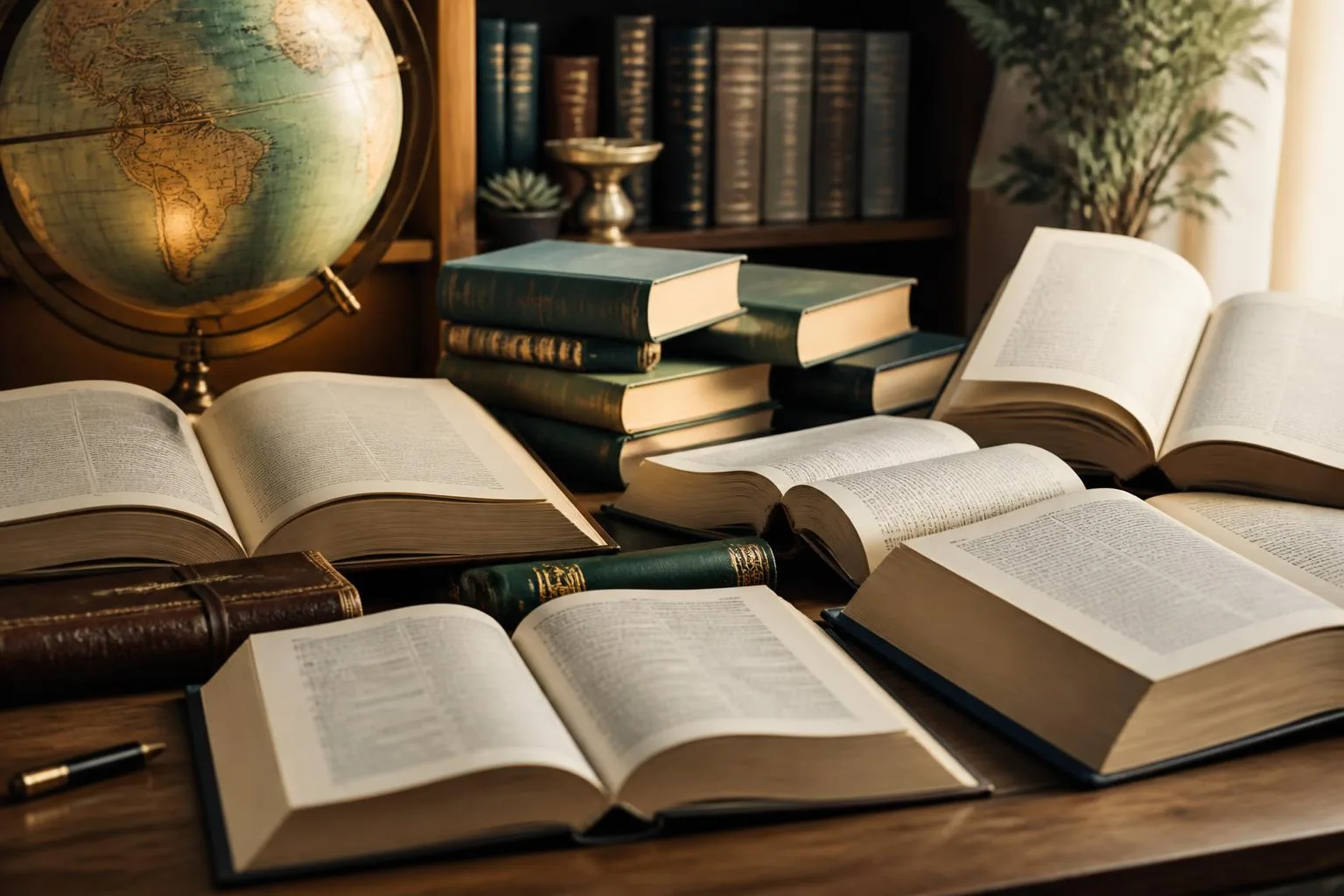 كتب مفتوحة وكرة أرضية على مكتب خشبي